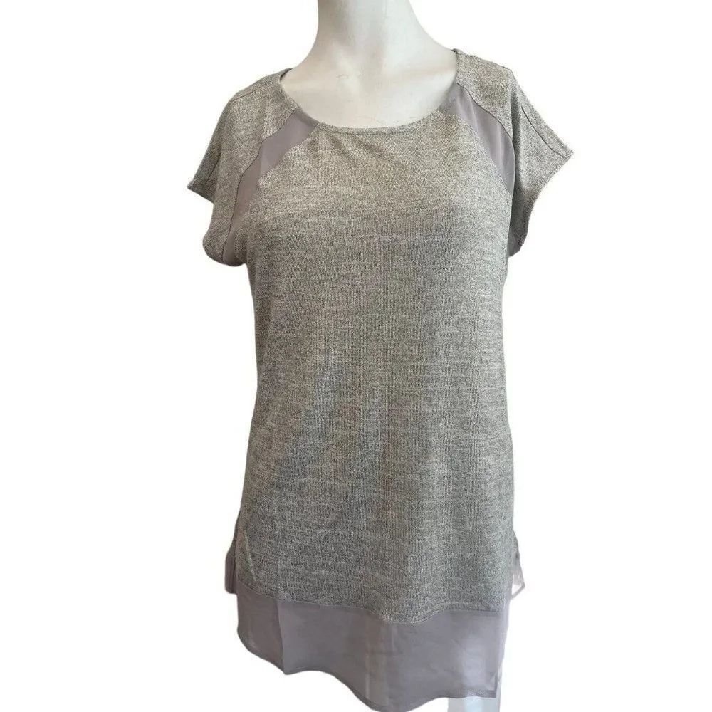 Ladies Small Knit Sleeveless Long Blouse Tunic Gray Gold Metallic Satin Trim NWT